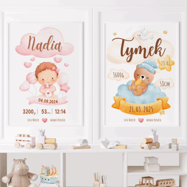 Personalizowana metryczka dla noworodka z okazji urodzin w ramce